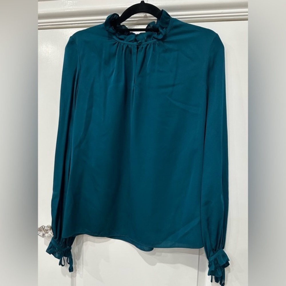 Milly Emerald Green Ruffle Neck Silk Blouse Size Small